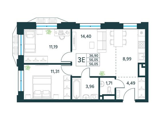 56 м², 3-комн. квартира, 19/30 этаж