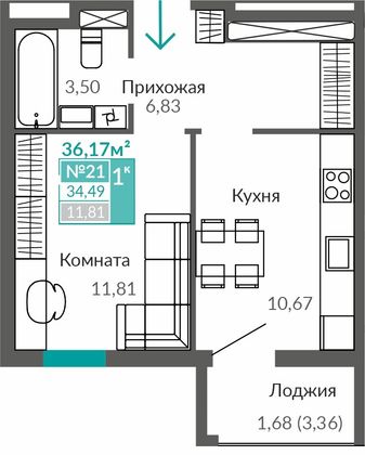 34,5 м², 1-комн. квартира, 3/9 этаж