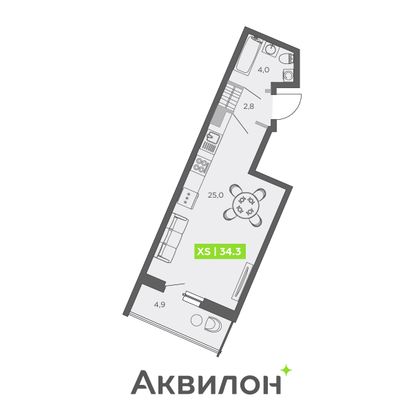 34,3 м², студия, 12/13 этаж