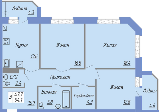 93,8 м², 3-комн. квартира, 1/6 этаж