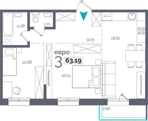 63,2 м², 2-комн. квартира, 15/15 этаж