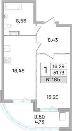 51,7 м², 1-комн. квартира, 12 этаж