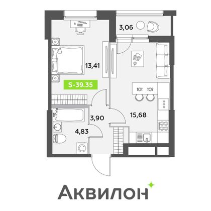 39,3 м², 1-комн. квартира, 1/12 этаж