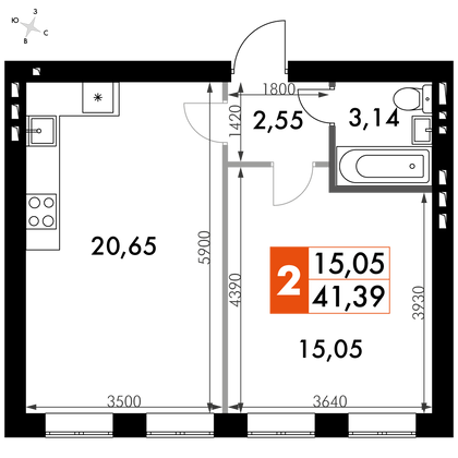 41,4 м², 1-комн. квартира, 3/4 этаж