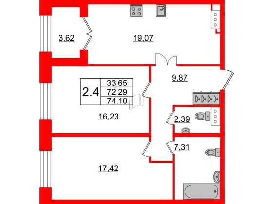 Продажа 2-комнатной квартиры 72,3 м², 1/7 этаж
