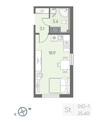 Продажа квартиры-студии 25,6 м², 3/25 этаж