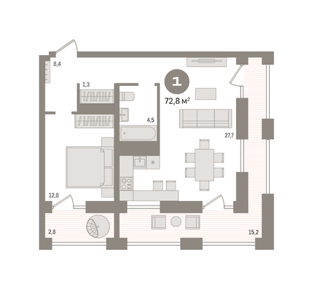 72,8 м², 1-комн. квартира, 15/17 этаж