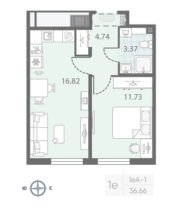 Продажа 1-комнатной квартиры 36,7 м², 11/23 этаж