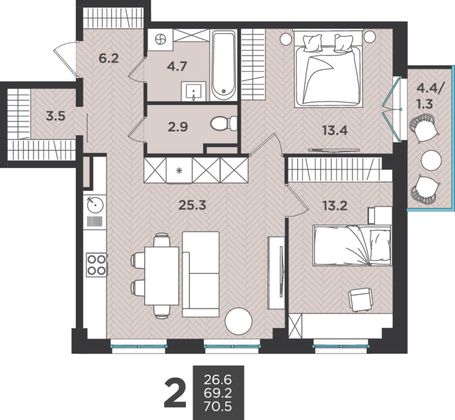 70,5 м², 3-комн. квартира, 2/9 этаж