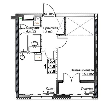 Продажа 1-комнатной квартиры 37,8 м², 13/24 этаж