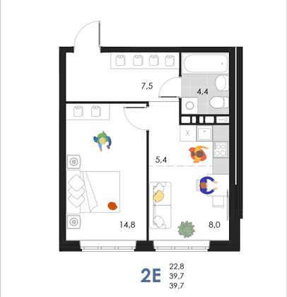 39,7 м², 2-комн. квартира, 2/6 этаж