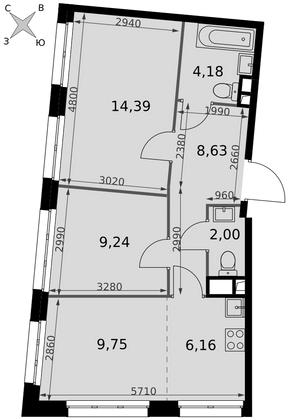 54,3 м², 3-комн. квартира, 2/15 этаж