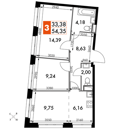 54,3 м², 3-комн. квартира, 2/15 этаж