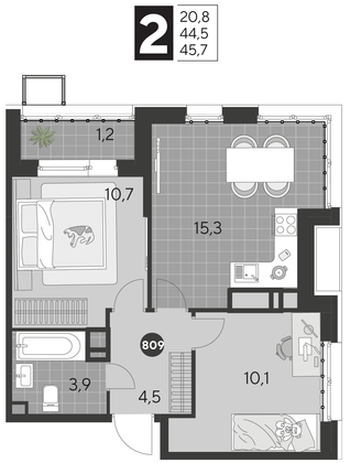 Продажа 2-комнатной квартиры 45,7 м², 1/21 этаж