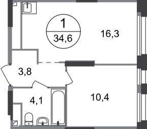 34,6 м², 1-комн. квартира, 3/19 этаж