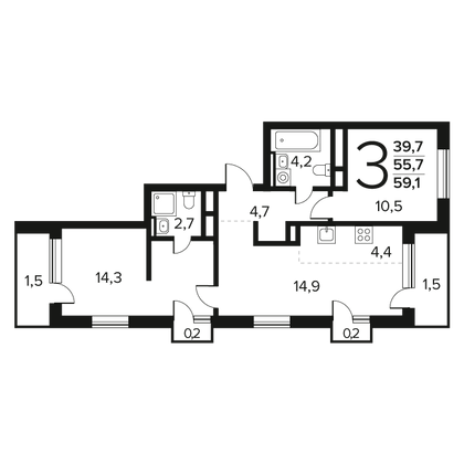 59,1 м², 3-комн. квартира, 5/7 этаж