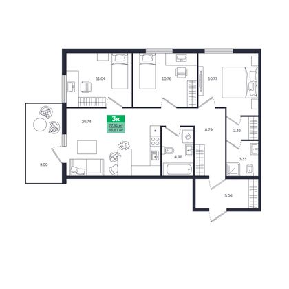 Продажа 3-комнатной квартиры 79,4 м², 1/8 этаж