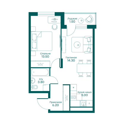 44,3 м², 1-комн. квартира, 3/6 этаж