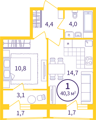 Продажа 1-комнатной квартиры 40,3 м², 8/8 этаж