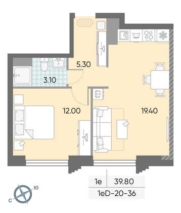 Продажа 1-комнатной квартиры 39,8 м², 36/58 этаж