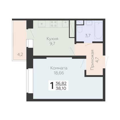 Продажа 1-комнатной квартиры 38,1 м², 6/22 этаж