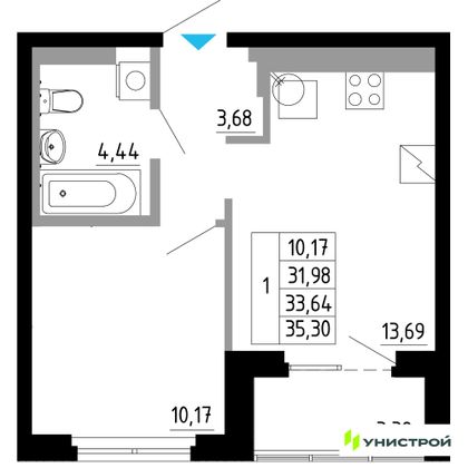 33,6 м², 1-комн. квартира, 3/27 этаж