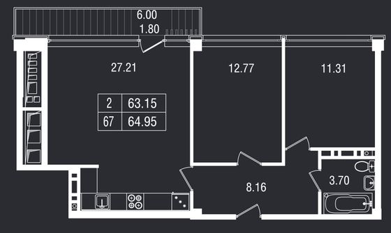 64,9 м², 2-комн. квартира, 6/8 этаж