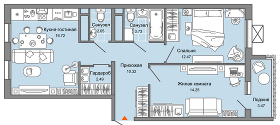 64 м², 3-комн. квартира, 8/9 этаж