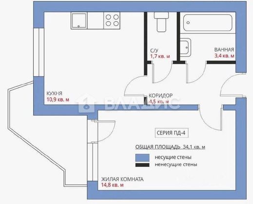 Продажа 1-комнатной квартиры 34,1 м², 5/10 этаж