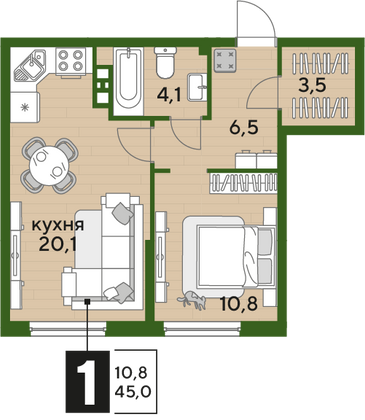 Продажа 1-комнатной квартиры 45 м², 6/16 этаж