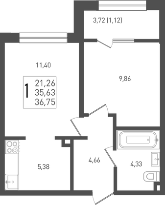 36,8 м², 1-комн. квартира, 1/9 этаж