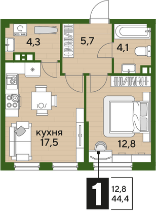 Продажа 1-комнатной квартиры 44,4 м², 6/19 этаж