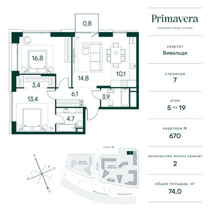 74 м², 2-комн. квартира, 5/19 этаж