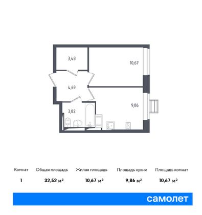 32,5 м², 1-комн. квартира, 4/17 этаж