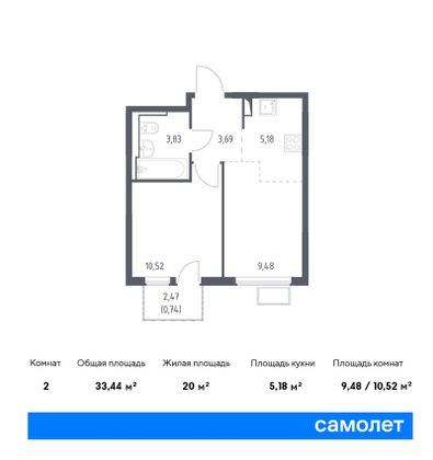 33,4 м², 1-комн. квартира, 3/14 этаж