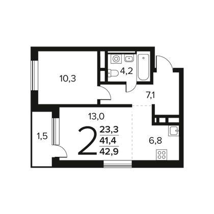 42,8 м², 2-комн. квартира, 2/12 этаж