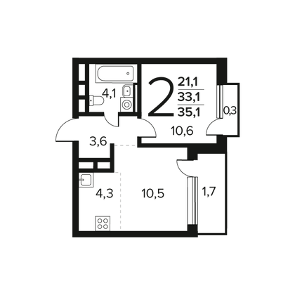 Продажа 2-комнатной квартиры 35,1 м², 10/12 этаж