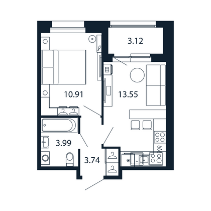 Продажа 1-комнатной квартиры 33,8 м², 2/12 этаж