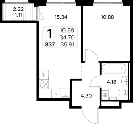 35,8 м², 1-комн. квартира, 8/9 этаж