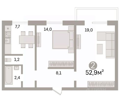 Продажа 2-комнатной квартиры 52,9 м², 5/10 этаж