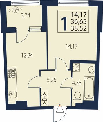Продажа 1-комнатной квартиры 38,5 м², 4/25 этаж
