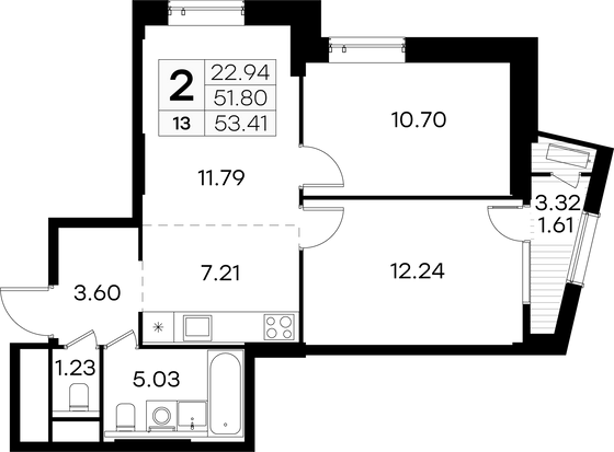 53,4 м², 2-комн. квартира, 4/32 этаж