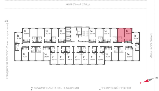 30,8 м², 1-комн. квартира, 16/25 этаж