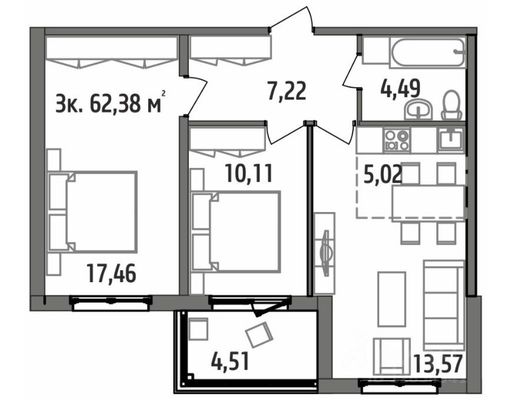 Продажа 3-комнатной квартиры 62,4 м², 5/14 этаж