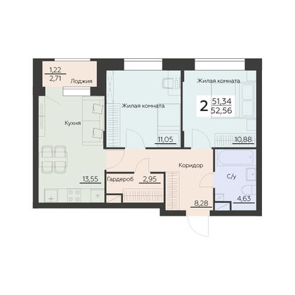 Продажа 2-комнатной квартиры 52,6 м², 2 этаж