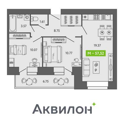 57,5 м², 2-комн. квартира, 9/9 этаж