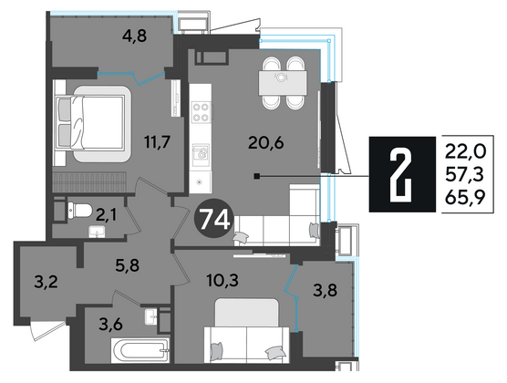 Продажа 2-комнатной квартиры 65,9 м², 10/18 этаж