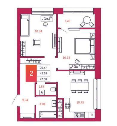 Продажа 2-комнатной квартиры 47,3 м², 5/22 этаж