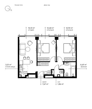 Продажа 2-комнатной квартиры 58,5 м², 24/43 этаж