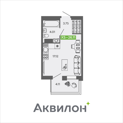 26,1 м², студия, 8/9 этаж